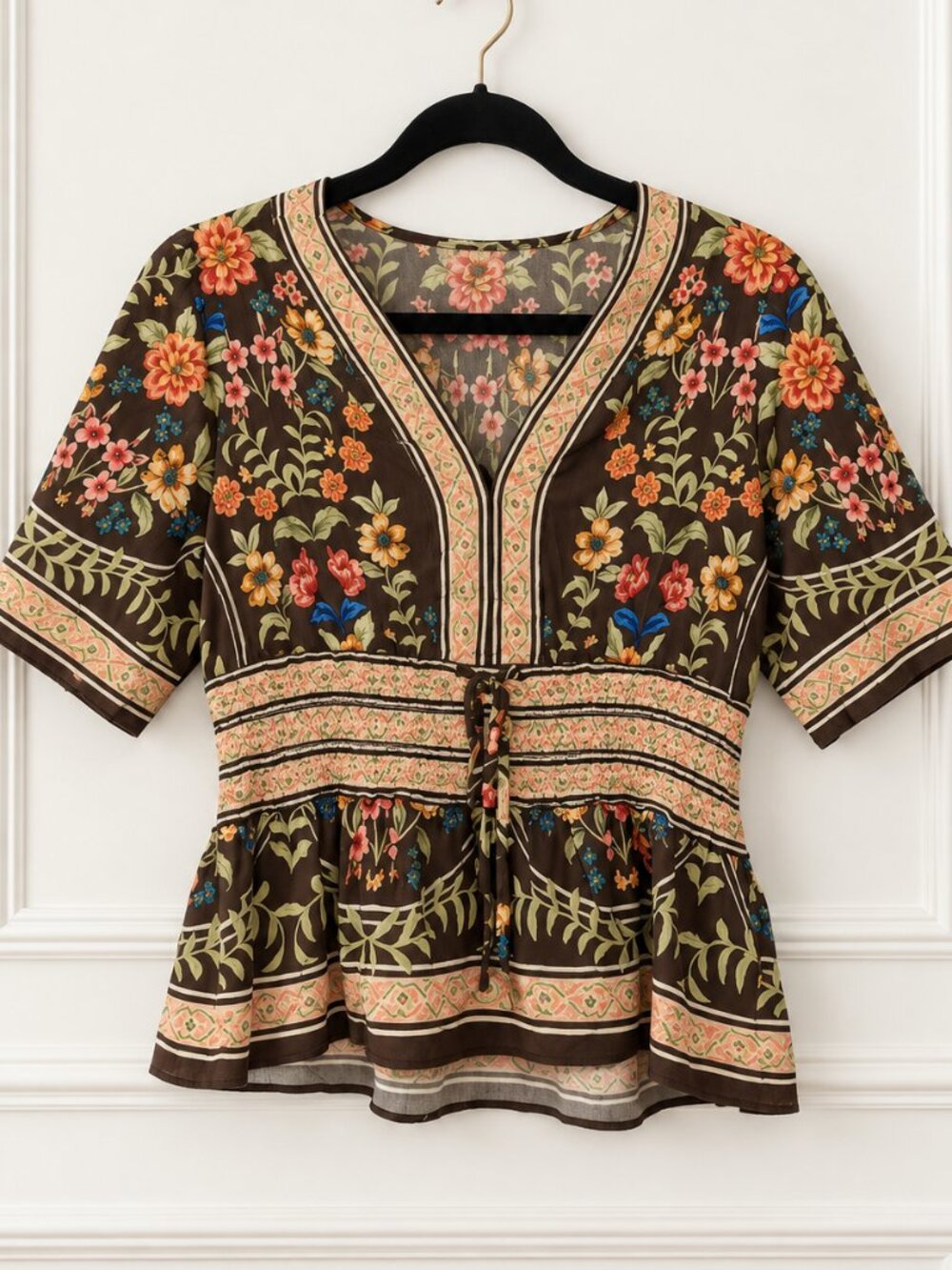 Rose + Olive XS Brown Floral Smocked Peplum Boho Top